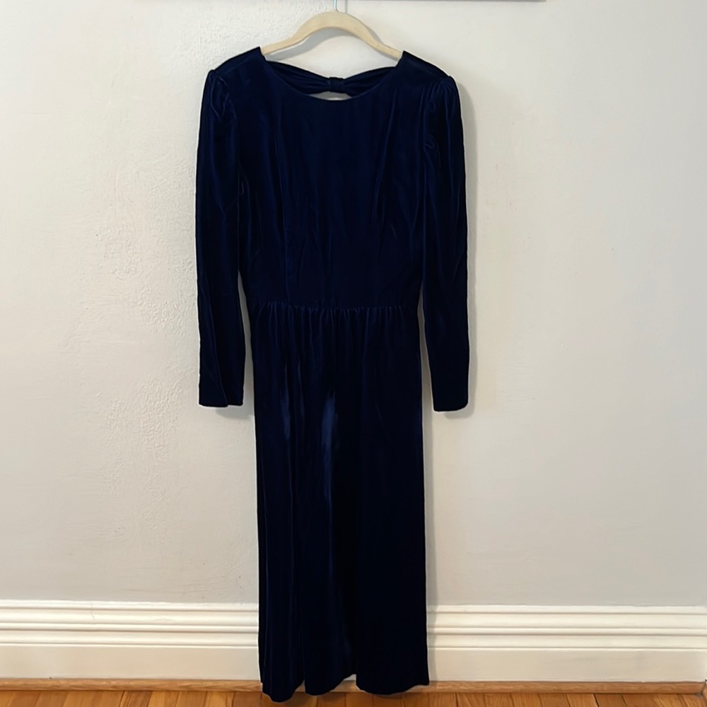Vintage Blue Velvet Midi Dress with Bow Back
